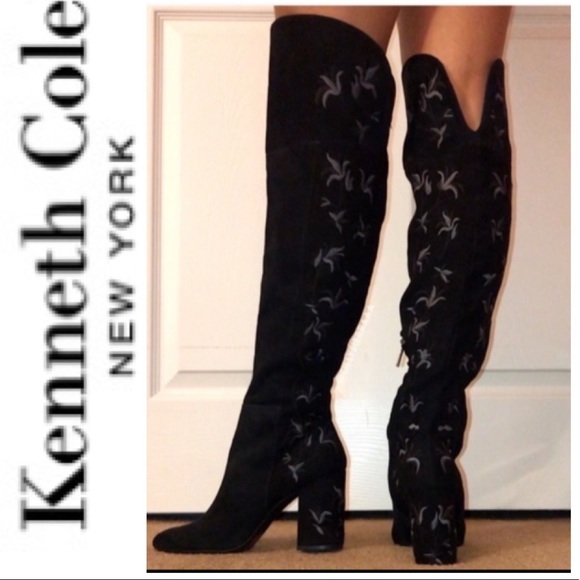 Kenneth Cole New York Shoes - Sexy Knee High Boots Black Flower Embroidery Claire Womens Size 8.5